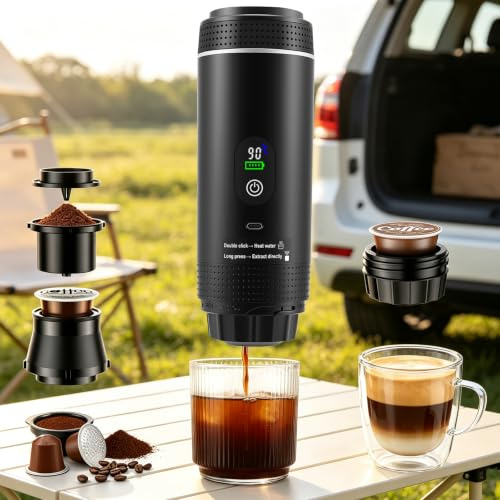 Nastopee Tragbare Mini Kaffeemaschine 3 in 1 mit Akku - Auto Espressomaschine USB-C - Kompatibel mit Kapseln & Gemahlenem Kaffee - Ideal für Wohnmobil Camping & Reise Geschenke - Schwarz