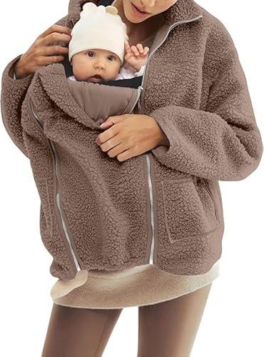 Lxitoler Umstands Baumwolljacke Winter Warm Teddy Fleecejacke mit Kapuze mit Taschen Langarm Känguru Umstandsjacke Jackenerweiterung