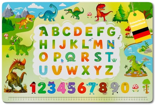 Schreibtischunterlage Kinder 60x40 - Dino & ABC Malunterlage Abwischbar | 1,6mm starkes Premium-Vinyl: Rutschfest, wasserfest & kratzfest. Perfekter Schutz für Schule & Kinderzimmer