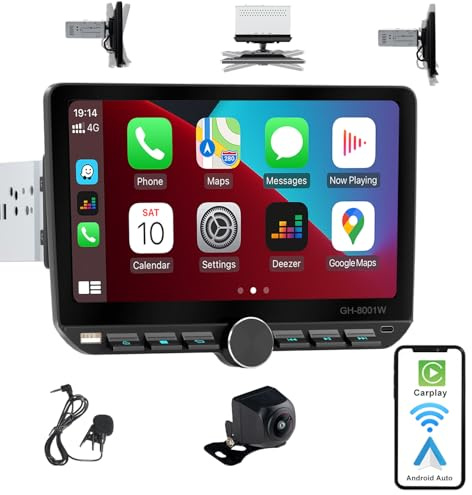 Alondy Autoradio 1Din mit drehbar Bildschirm(10.1), Kompatibel mit [Wireless] Apple CarPlay/Android Auto Bluetooth USB Typ-C Rückfahrkamera AM/FM/RDS Radio