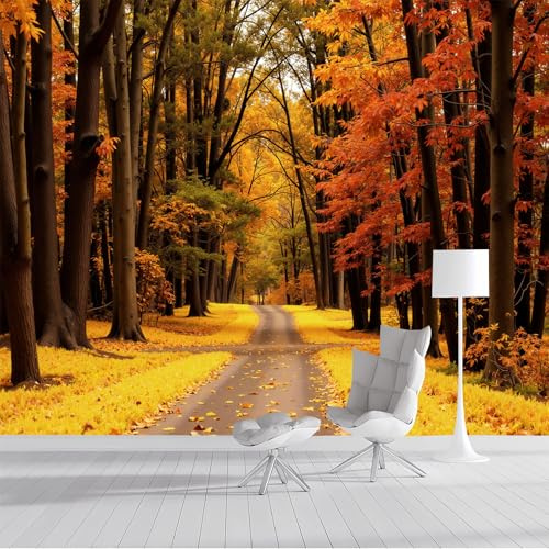 SMBHIAON Papier Peint Panoramique Scène De Forêt D'Automne 200×140 Cm - Décoration Murale Moderne – Tapisserie Décorative Pour Chambre Salon - Chemin Des Feuilles Dorées Tombées- Jaune