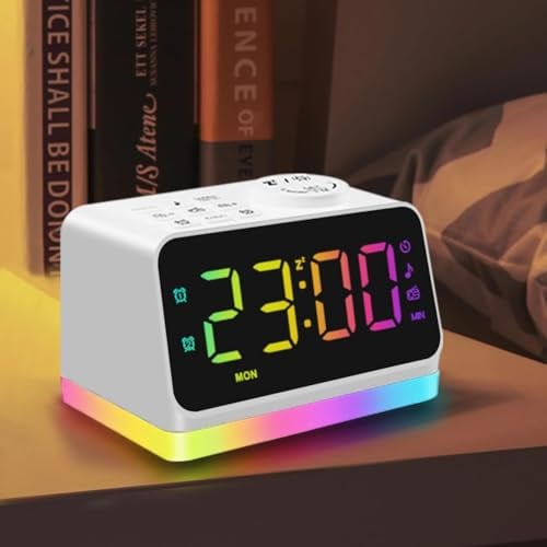 Digitaler Radiowecker für das Schlafzimmer – 8-farbiges Nachtlicht (0-100% dimmbar), Doppelalarm mit 7 Wecktönen, flexibler Schlaf-Timer (10-480 Min), 2 USB-Ladeanschlüsse, zuverlässiger Netzbetrieb
