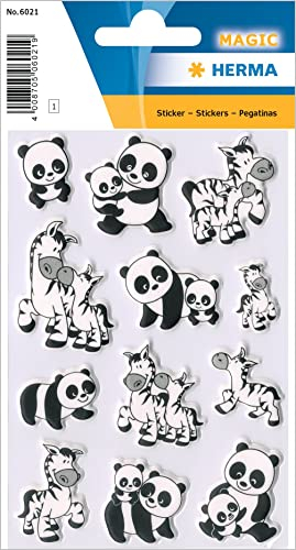 HERMA 6021 Aufkleber Panda Zebra klein groß, 12 Stück, 3D Tiere Sticker mit Pandabär Motiv, Kinder Etiketten für Fotoalbum Tagebuch Poesiealbum Scrapbooking Geburtstag Dekoration Briefe DIY Basteln