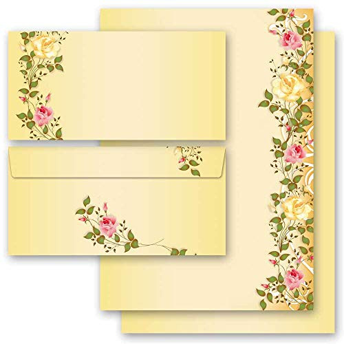 Briefpapier Set, 40 tlg. Blumen & Blüten, ROSENRANKEN 20 Blatt Briefpapier + 20 passende Briefumschläge DIN LANG ohne Fenster | Paper-Media