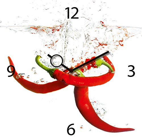 Wanduhr aus Glas für die Küche, Splashing Chili Pepper, Pepperoni im Wasser, 30x30 cm von Eurographics