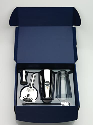 Alessi 5050set Il Bar Alessi Set Composé de Shaker Modèle Américain Ou Boston en Acier Inoxydable 18/10 et Verre, Passoire à Bar, Fouet à Bar et Doseur à Cocktail en Acier Inoxydable 18/10