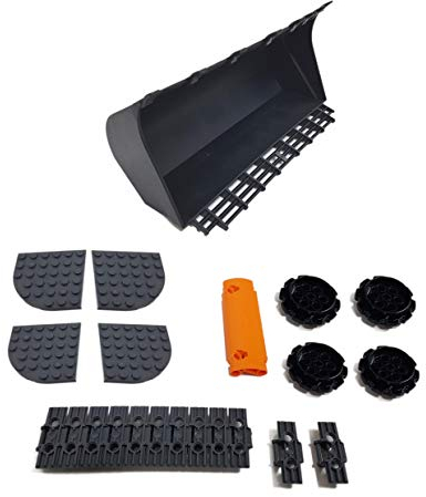 LEGO Baggererweiterung: 4 Laufräder in schwarz, 68 Kettenglieder in neu-dunkelgrau, 1 Baggerschaufel 13 x 23 Noppen in schwarz, 1 Panel gebogen 11 x 3 Noppen in orange und 4 Platten 6 x6 Noppen Viertelkreis in neu-dunkelgrau