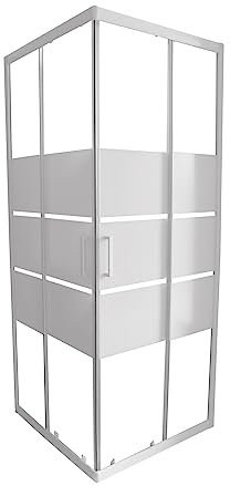 ONDÉE - Porte de douche MISSI, Façade coulissante accès d'angle. 90x185cm - Epaisseur 4mm - Installation réversible - Verre trempé sérigraphié 3 bandes blanches