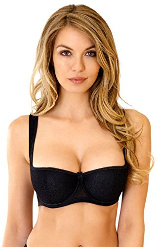 Rosme Women's Balconette Bra with Push Up Effect – Plus Size Sexy Lace Demi Half Cup Bra – Lightly Padded Underwired Low Cut Mesh Design Grand, Black, Size 34B