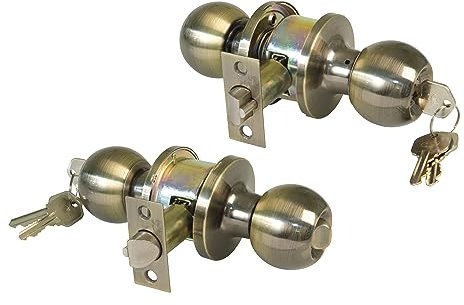 Amig - Pomo Puerta Entrada - Con Picaporte de Entrada 60/70 mm - Pomo de Bola en Ambos Lados - Con Cerradura y Condena - Sistema Antitarjeta - Para Puertas de Madera - Latón Cuero