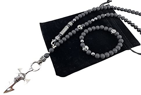 Geschenk für Herren und Männer. Coole Halskette Rosenkranzkette und Armband im Set aus Lavaperlen mit Totenkopf Anhänger, Skull K97 im Set