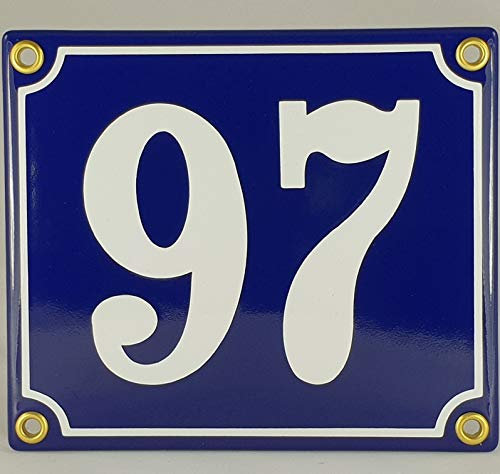 Hausnummer Emaille Schild Nr. 97 Blau-Weiß Handarbeit