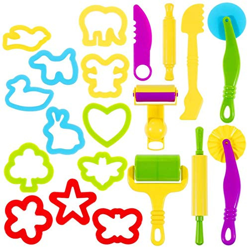 Oun Nana Dough Tools Set for Kids 20 PCS Dough Play Tools with Animal Cutters,Rollilng Pins,Rollers, Random Color