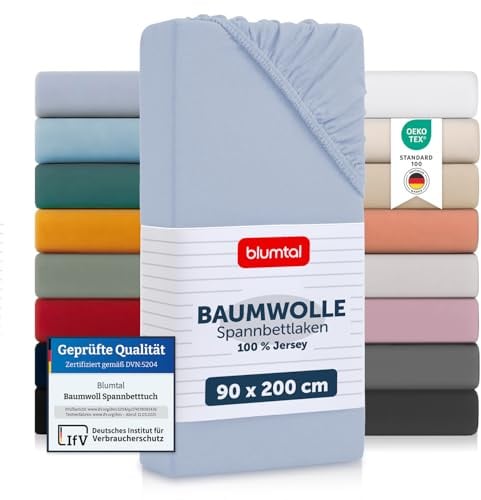 Blumtal® Baumwolle Spannbettlaken 90x200x30cm Basics Jersey im 2er Set - Oeko-TEX zertifiziertes Spannbetttuch 90x200cm - Hellblau