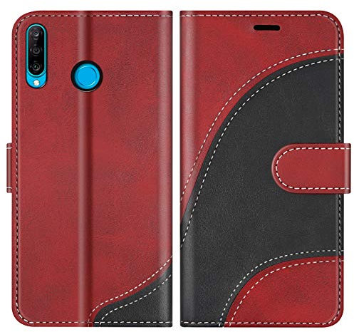 BoxTii Hülle für Huawei P30 Lite/Nova 4E, Leder Handyhülle für Huawei P30 Lite/Nova 4E, Ledertasche Klapphülle Schutzhülle mit Kartenfächer und Magnetverschluss, Rot