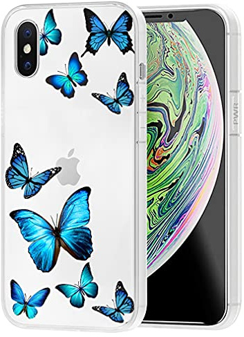 Vavies Case for iPhone Xs Case/iPhone X Case for Girls Women, Slim Shockproof Clear Pattern Soft Flexible TPU Back Phone Protective Cover Cases for iPhone Xs/iPhone X 5.8 (Blue Butterfly)
