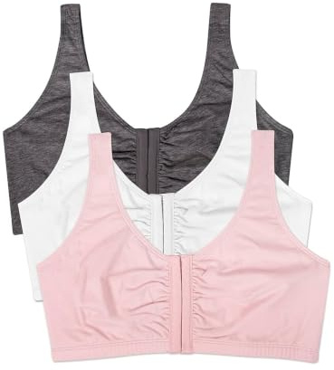 Fruit of the Loom Womens Front Close Builtup Sports Bra, Blushing Rose/Charcoal/White 3-Pack, 46