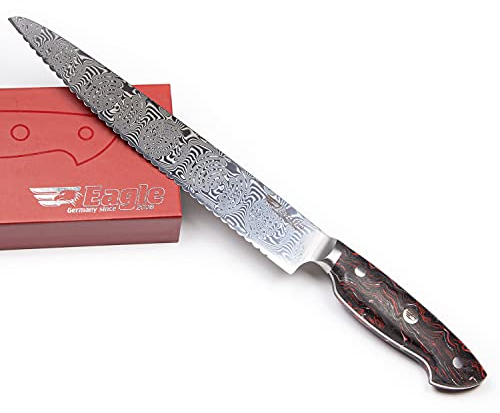 Eagle U-Grip - Brotmesser 23 cm - Voll-Damaststahl 108 Lagen/Heftschalen: G10 schwarz-rot-weiß