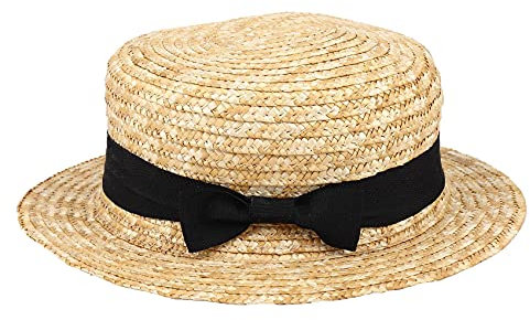 Heritan Chapeau de Paille Mignon Enfant Filles Chapeau de Soleil NNud à Deux Boucles Des Gamins Grand Bord Plage D'été Canotier Plage Chapeau Fedora à dessus Plat et Ruban Rond