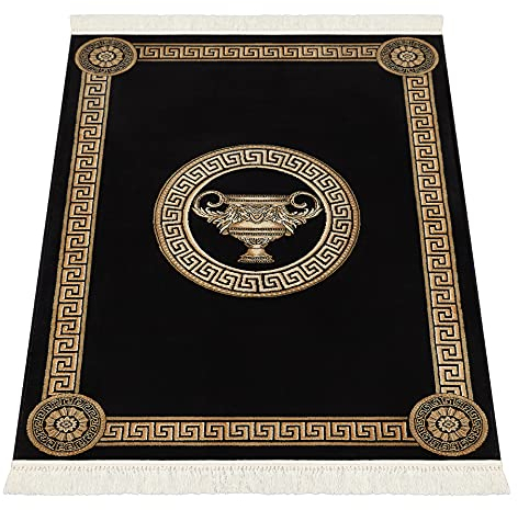 Belle Arti Premium Teppich Wohnzimmer Schlafzimmer Wohnzimmerteppich Kurzflor griechisches Mäander Amphore Muster in Schwarz Gold - mit Fransen weich rutschfest Seidenglanz 100% Viskose - 200x280 cm