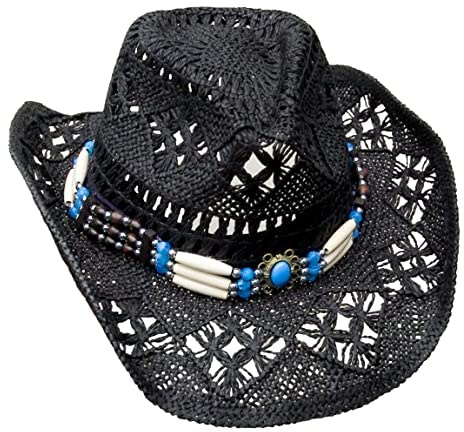 Westernwear Western Style Sommer Strohhut mit Perlen-Hutband in verschl. Farben (Schwarz, 1 (55-57 cm))