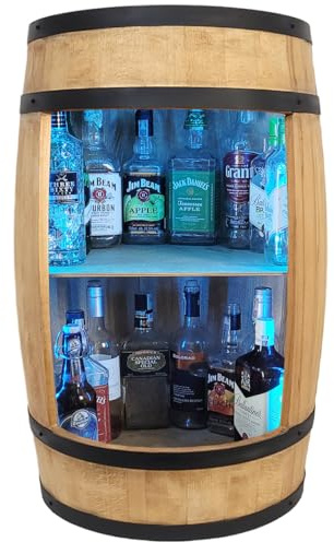 Fassbar mit Beleuchtung LED RGB - Fass Möbel. Holzfass Stehtisch. Fasstisch Weinregal als Weinfass Fass mit Einlegeboden Getränkeregal - Ablagen für Weinflaschen - whyskyregal whyskygeschenke set