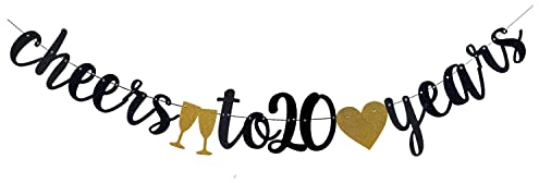 Cheers to 20 Years Banner schwarzes Papierschild vorbespannt – Happy 20th Birthday Party Dekorationen – 20th Wedding Anniversary Dekorationen