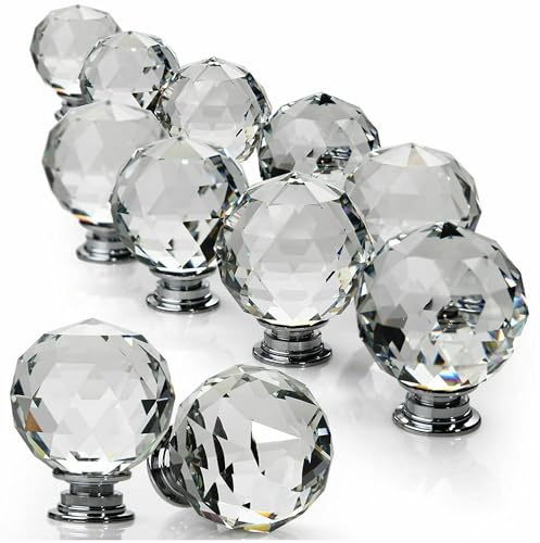 ZENO 30MM Clear Crystal Diamond Glass Door Knobs Handle Cupboard Pull Drawer Kitchen Cabinet Drawer Knob + Screw Set Home Decorating for Bedroom Furniture, Bedside Cabinet, Dresser Unit and Chest (24)