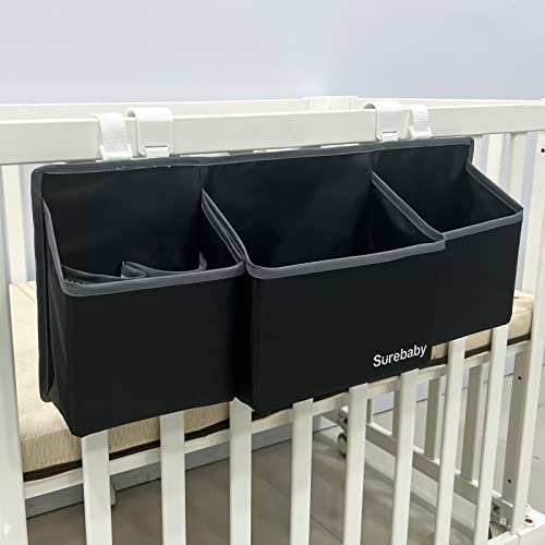 surebaby Hängende Baby-Windeltasche, 3-in-1-Windel-Caddy Organizer für Babybett, Kindergarten-Organisation, Windelstapler, Aufbewahrung für Krippe, Wickeltisch, Auto, Wand, Schwarz