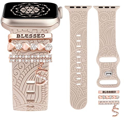 TOYOUTHS Dekorative Ring Armband kompatibel mit Apple Watch Armband Charme 41/40/38/42mm, Damen Glitzer Boho Gravierte Silikon Ersatzarmbänder für iWatch Serie 10/9/8/7/SE/6/5/4/3, Polarstern/S
