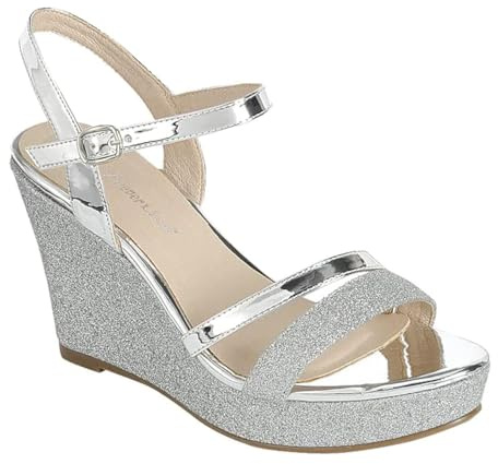 Forever FQ22 Damen Glitzer Riemchen gewickelt Keilabsatz Plateau Sandalen, Silber-1, 38 EU
