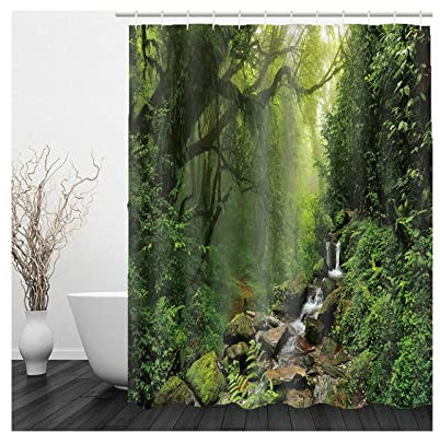 Whoiy Duschvorhang Wald, Duschvorhang Camping Outdoor 180X180cm Polyester Duschvorhänge Grün für Hotel