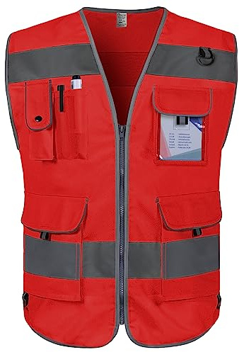 Graunton Warnwesten für Männer Frauen 9 Taschen Sicherheitsweste, Warnweste für mit reflektierenden Streifen, Reflektorweste für Gebäude, Gartenarbeit, Laufend,(DE-Rot,Medium).