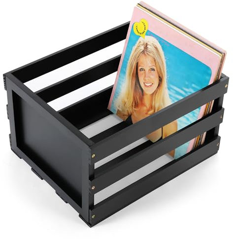 HOMBOUR Vinyl Record Storage Crate, Wood Record Storage Box, Black