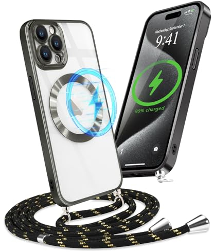 Micoden Magnetische Handykette für iPhone 15 Pro mit Band [Kompatibel mit MagSafe] Kameraschutz Galvanik Transparent Silikon Case Abnehmbar Kordel zum Umhängen Handyhülle Schutzhülle,Schwarz