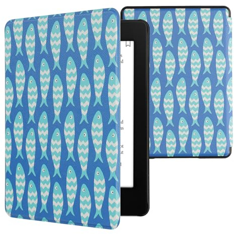 kwmobile Case for Kindle Paperwhite 11 Gen 2021 - PU Cover with Magnet - Small Fish Blue/Light Blue/White