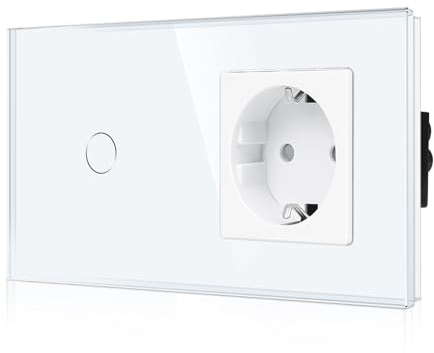CNBINGO Glas Lichtschalter und Schuko Steckdose Unterputz – Touch Lichtschalter mit LED Status – Wandschalter mit Glasrahmen – 1 Fach Weiß