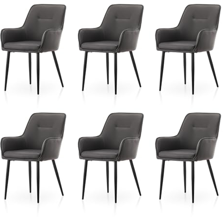 TUKAILAI Esszimmerstühle 6er Set aus Kunstleder,Küchenstuhl Polsterstuhl Armlehnstuhl mit Armlehne,Rückenlehne,Gepolstertes Sitz,Metallbeinen,Moderner Sessel für Esszimmer,Küche,Wohnzimmer, Grau