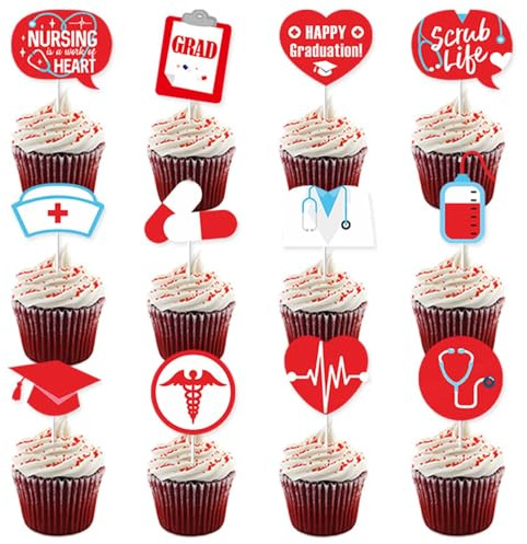 24 Stück Cupcake-Topper für Krankenpfleger, Krankenschwester-Abschluss-Cupcake-Picks für Krankenschwester, medizinische Rn-Motto-Abschluss-Geburtstagsfeier, Kuchendekorationen