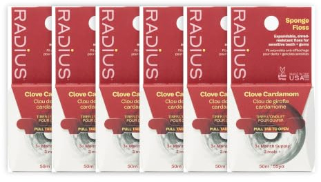 RADIUS Clove Kardamom Zahnseide, 50 Meter, vegan und ungiftig, zur Bekämpfung von Plaque Clear, 6 Stück