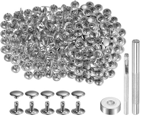 sourcing map 200 Sets Leather Rivets 10mm x 8mm Metal Double Cap Rivet Snaps Studs Fasteners with 3pcs Setting Tools Rivets for Leather Craft DIY Repair Decoration, Silver Tone