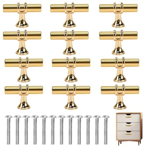 GIRAFEDA 12 Pack Cabinet Knobs Pulls Handles, Gold Cabinet Knobs 50mm Kitchen Drawer Pulls Single Hole T Bar Handle Brass Cupboard Knobs with Screws for Drawer, Wardrobe, Cupboard,Decoration