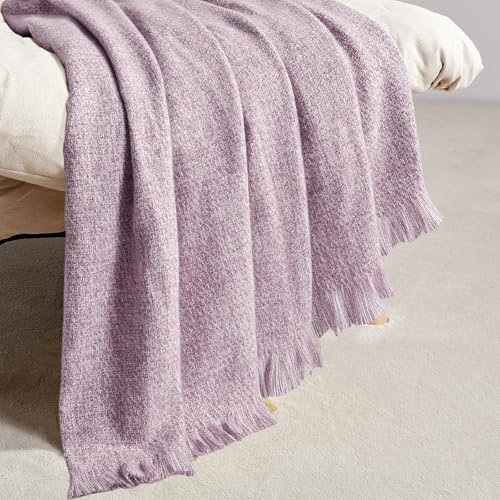 BOURINA Faux Cashmere Fringe Throw Blanket Decorative Lightweight Throw Soft Cozy for Bed or Sofa Outdoor Blanket, 127x178cm Purple