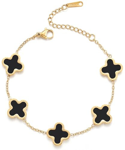 MGOOL Bracelets For Womens 18K Gold Plated Clover Friendship Bracelets Lucky Four Leaf Adjustable Bracelets For Women Gifts For Ladies Teen Girls (Black)