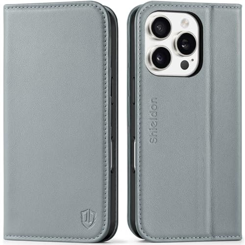 SHIELDON Hülle für iPhone 16 Pro Handyhülle [Echtleder] [Kartenfach] [Magnetverschluss] [Ständer] [RFID Blocker] Schutzhülle Klapphülle Card Holder Kompatibel mit iPhone 16 Pro 5G 6,3 Grau