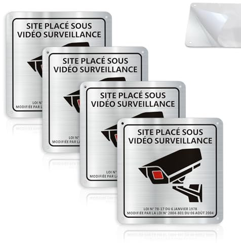 Autocollant Panneau Video Surveillance Aluminium Adhesif 15×15cm, Pancarte Site Sous Video Surveillance Panneau Camera Surveillance Adhesive, Résistant aux UV, Avec Trous Percés(Lot De 4)