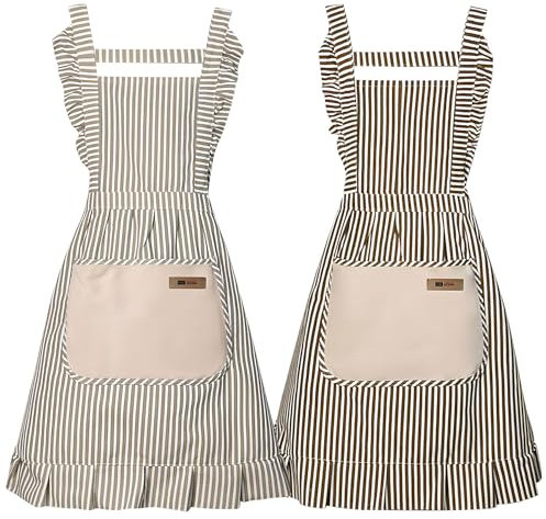 G-LIKE Damen Mädchen Schürze Küchenschürze – 2er Set Kochschürzen mit Spitzen Tasche Schnüren Ölbeständig Schmutzabweisend Baumwolle Leinen Korallenvlies für Kochen Backen Grillen (GrauBraun)