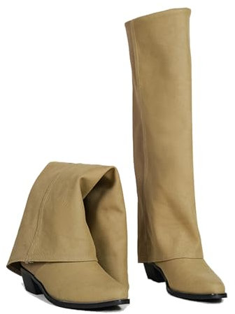 LIUHD Stivali da Donna con Risvolto, Stivali Alti Fino al Ginocchio, Stivali con Tacco Spesso, Punta Affilata, Suola in Gomma, Stivali Autunnali e Invernali,Beige,38