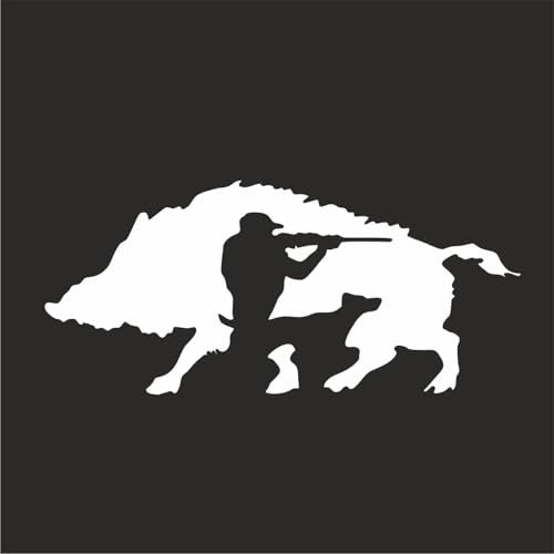 AMA SHOP Aufkleber Jäger mit Wildschwein | Farbe Weiß | geeignet für Auto- und Motorradhelm | Leidenschaft für die Jagd | Aufkleber | Leidenschaft für Motorrad