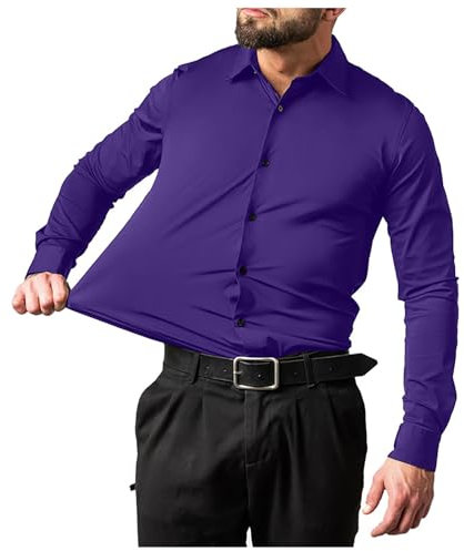 MODSGUE Chemise pour homme en fibre de bambou, écologique, élastique, coupe ajustée, pour les loisirs, le travail, les mariages, couleur pure, manches longues, boutonnée, pour homme, lilas, M